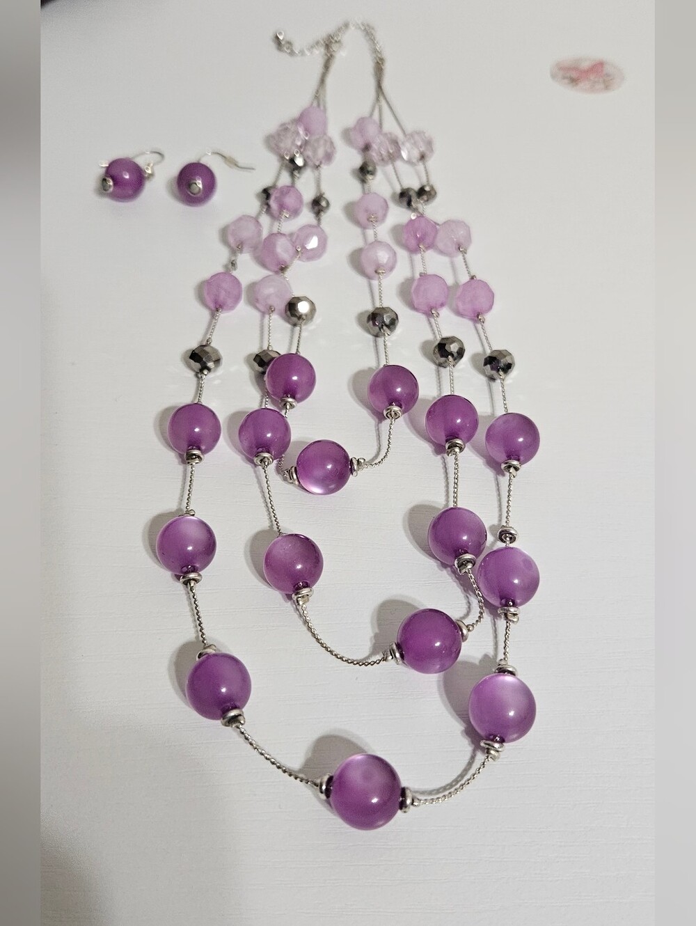Purple Beaded Multi-Strand Necklace with Matching Earrings
